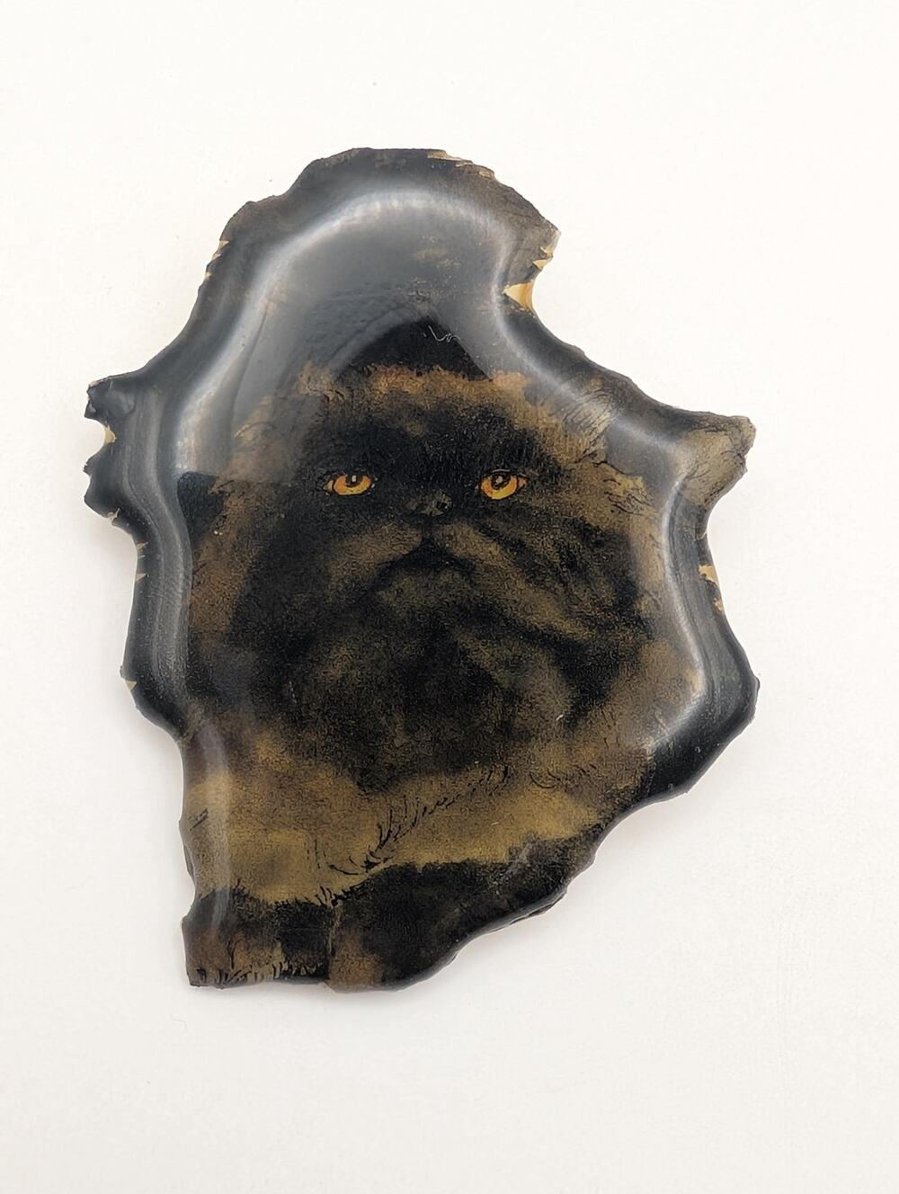 MB Designs Signed Whiskers Black Persian Cat Resin Brooch Pin Hand Painted USA